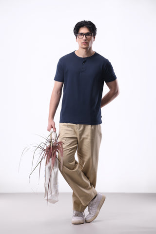 Popcorn Textured Henley Shirt in Dark Navy