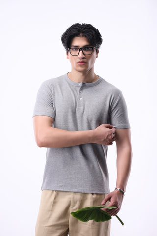 Popcorn Textured Henley Shirt in Grey Marl