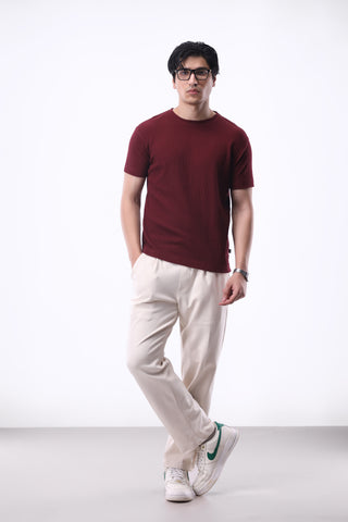 Waffle Textured Crew Neck in Maroon
