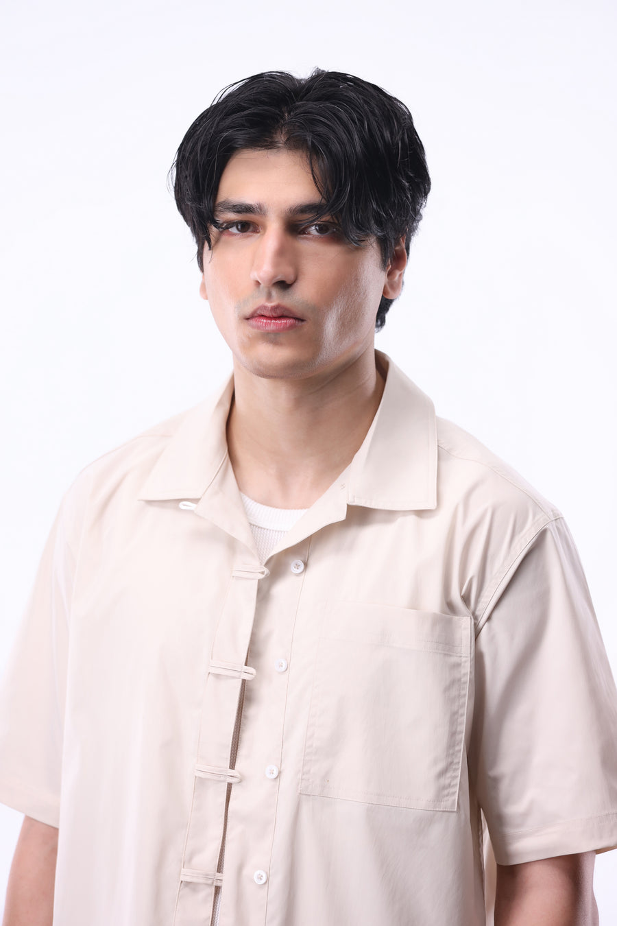 Loop-Detail Oversized Shirt in Cream