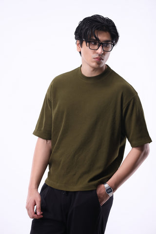 Boxy-Cut Waffle T-shirt in Olive