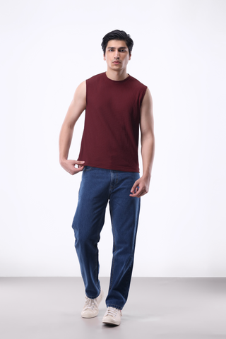 Waffle-knit Sleeveless T-shirt in Maroon