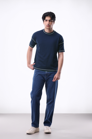 Contrast-stitch Oversized T-shirt in Navy