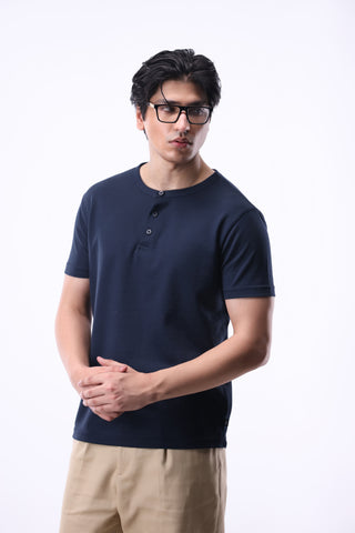 Popcorn Textured Henley Shirt in Dark Navy