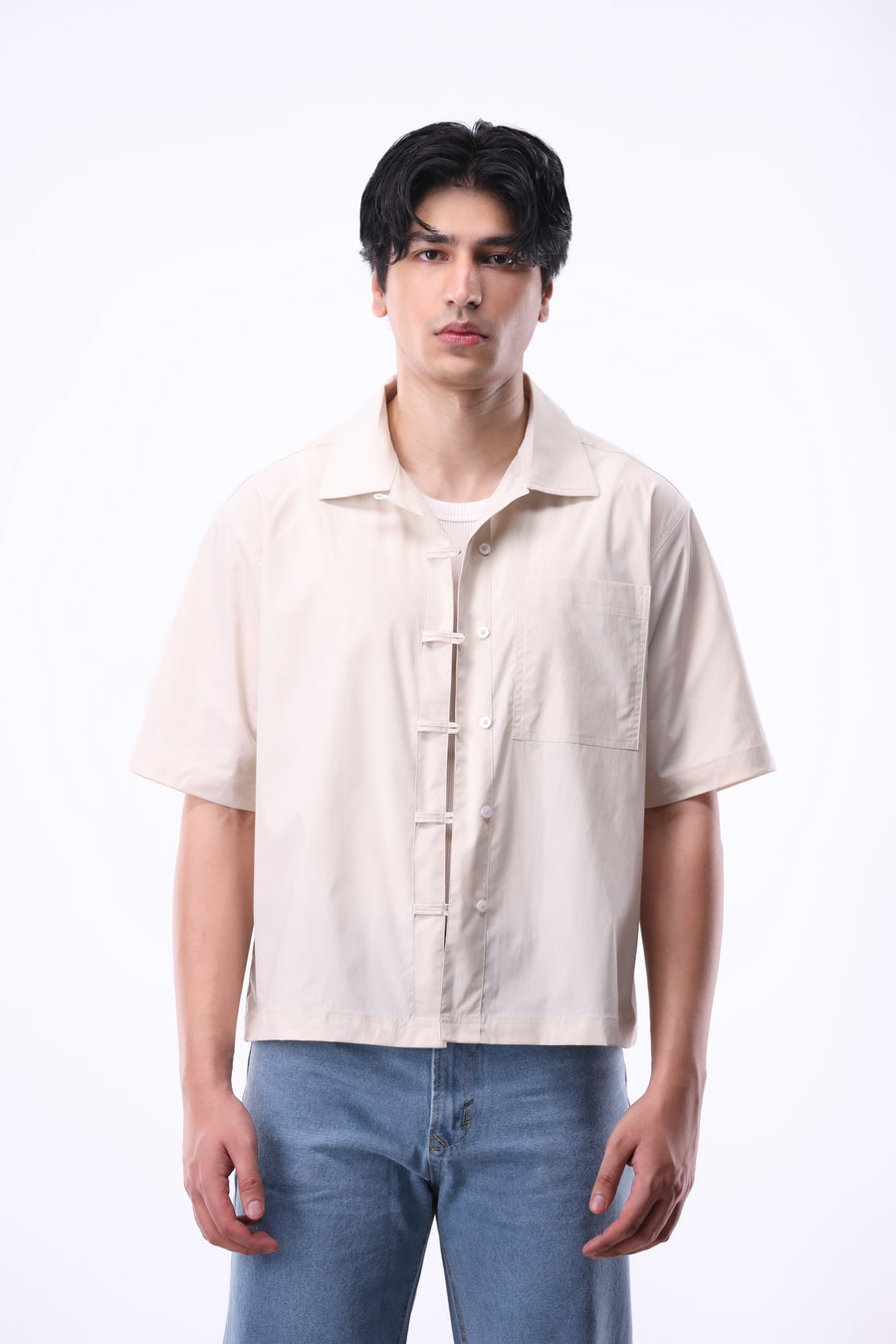 Loop-Detail Oversized Shirt in Cream