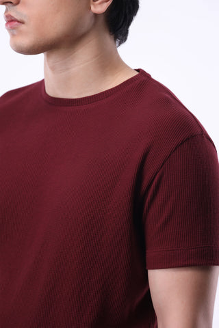 Waffle Textured Crew Neck in Maroon
