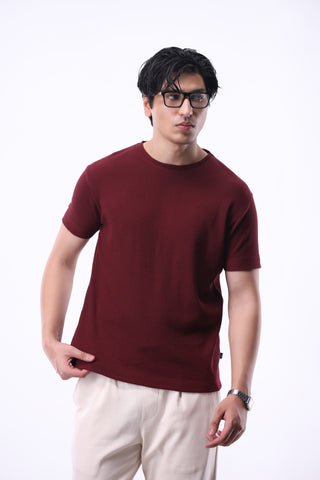 Waffle Textured Crew Neck in Maroon