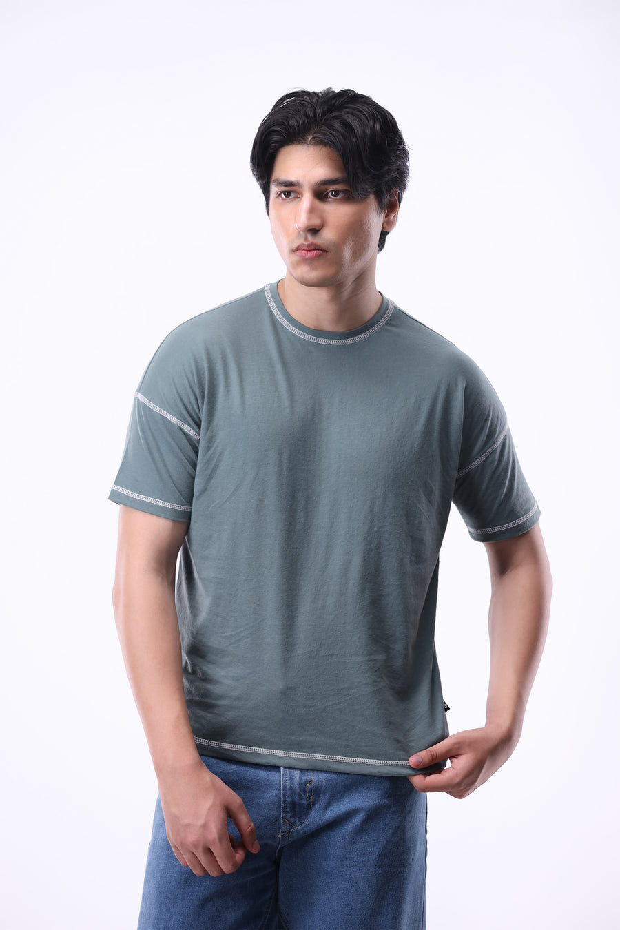 Contrast-stitch Oversized T-shirt in Seafoam Green