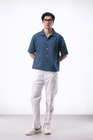 Jacquard-knit Camp Collar Shirt in Blue