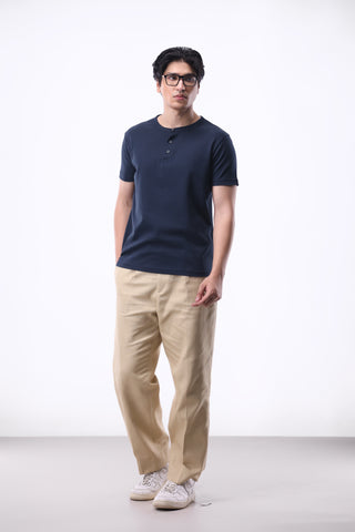 Popcorn Textured Henley Shirt in Dark Navy