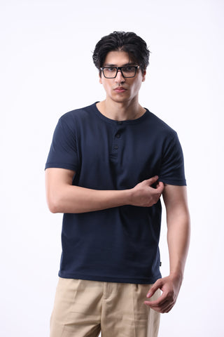 Popcorn Textured Henley Shirt in Dark Navy
