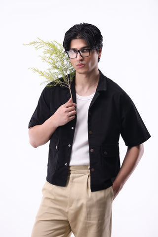 Raglan Sleeves Utility Shirt in Black