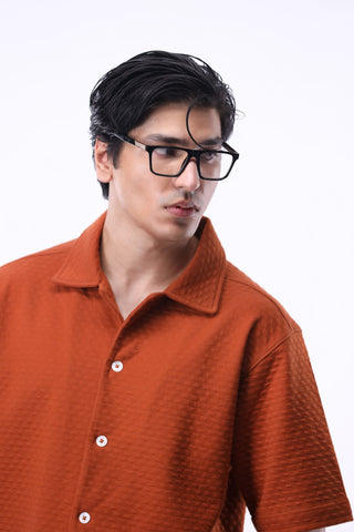 Jacquard-knit Camp Collar Shirt in Rust