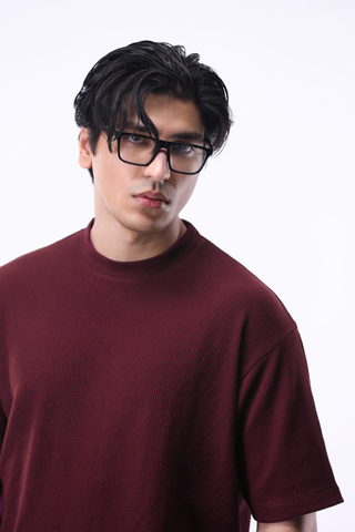 Boxy-Cut Waffle T-shirt in Maroon