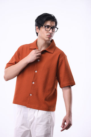 Jacquard-knit Camp Collar Shirt in Rust