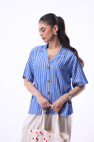 Stripe Revere Collar Shirt in Deep Blue