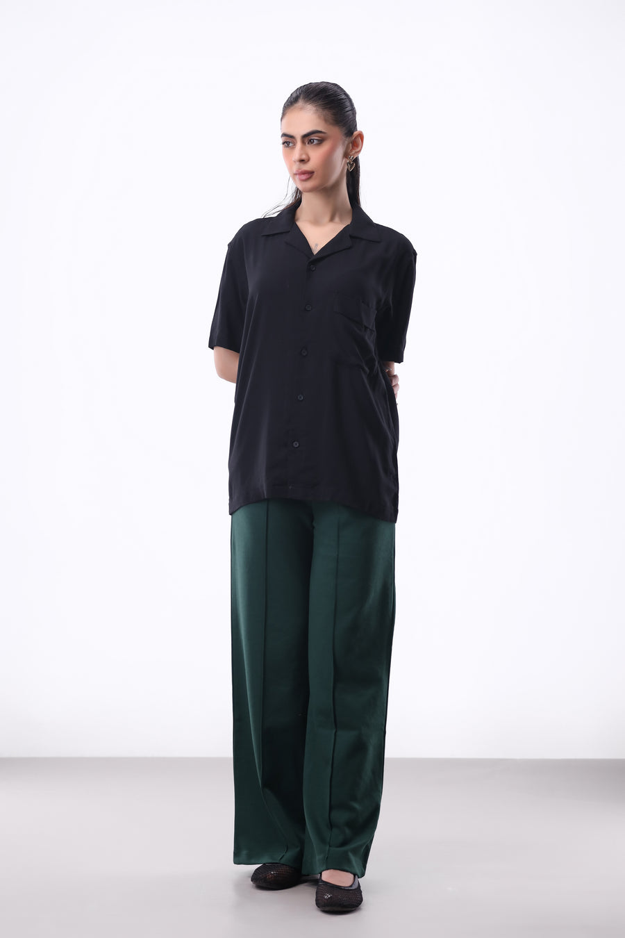 Pleat-detail Wide-leg Trouser in Dark Green