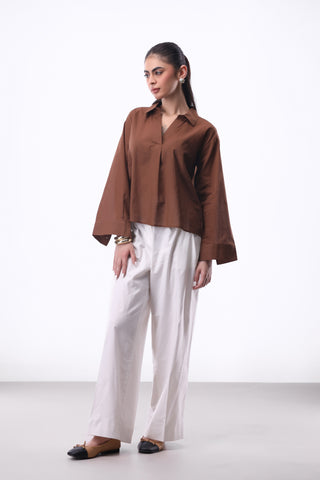 Summery V-notch Collar Shirt in Chocolate