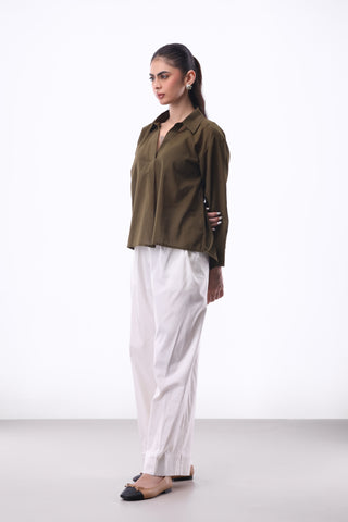 Summery V-notch Collar Shirt in Dark Green