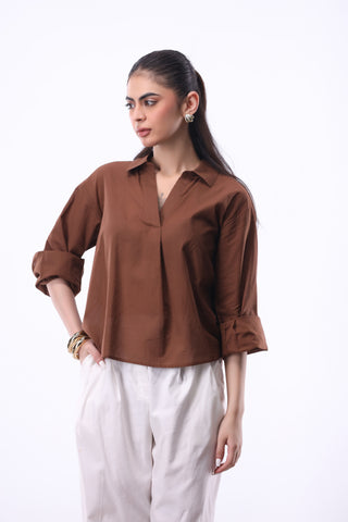 Summery V-notch Collar Shirt in Chocolate