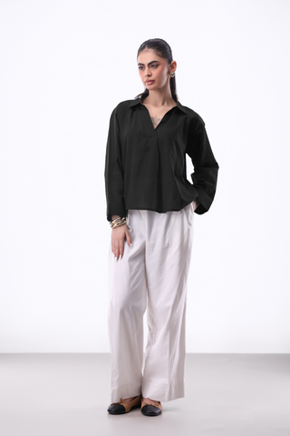 Summery V-notch Collar Shirt in Black