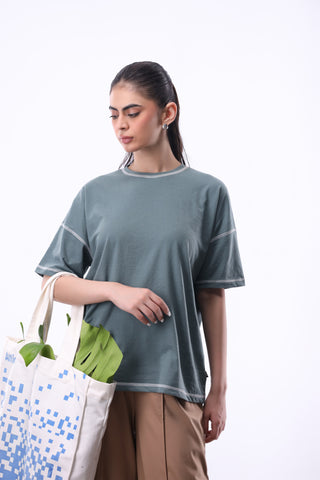 Contrast-stitch Oversized T-shirt in Seafoam Green