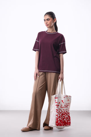Contrast-stitch Oversized T-shirt in Plum