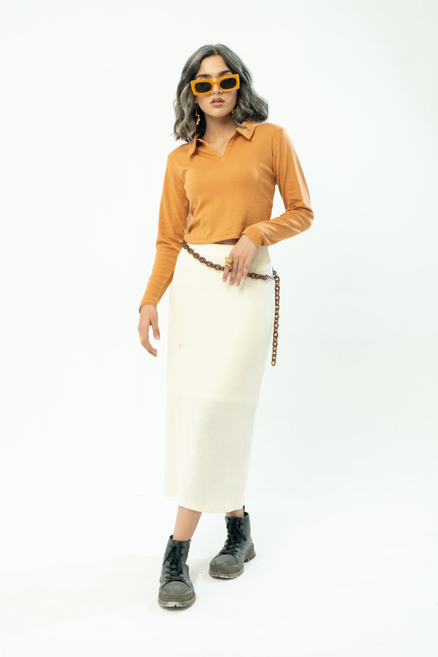 Cropped Polo Top in Mustard