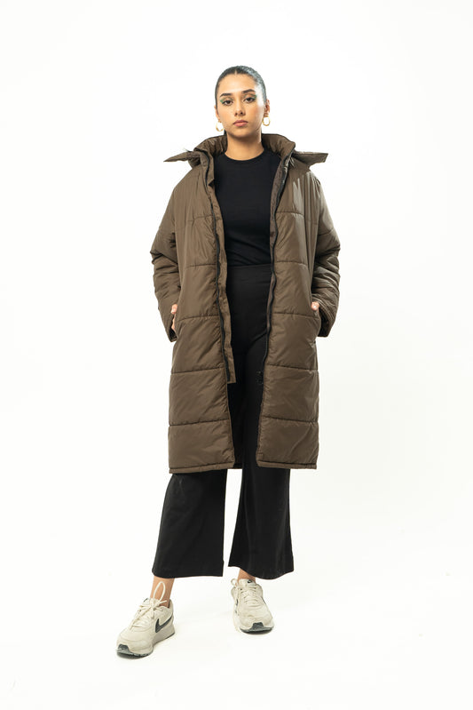 Long Puffer Jacket in Chocolate Brown
