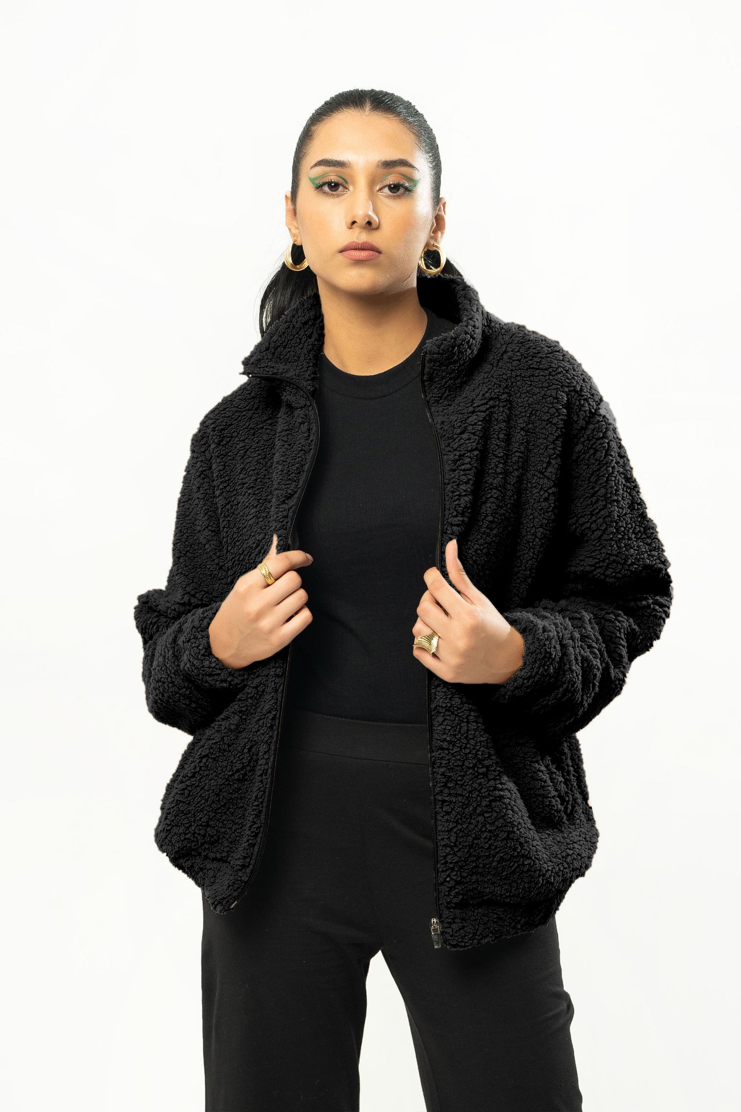 Teddy Fur Mock Jacket in Black