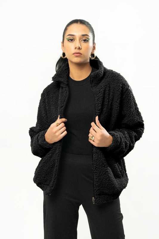 Teddy Fur Mock Jacket in Black