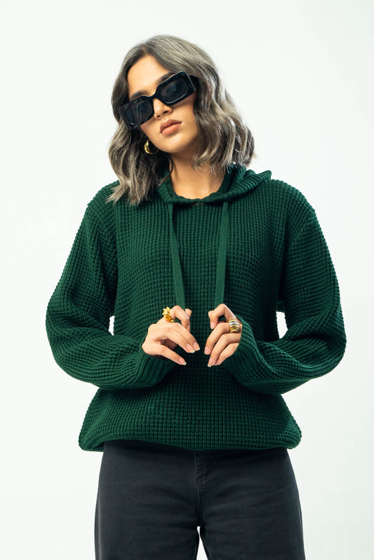 Knitted Hoodie in Bottle Green