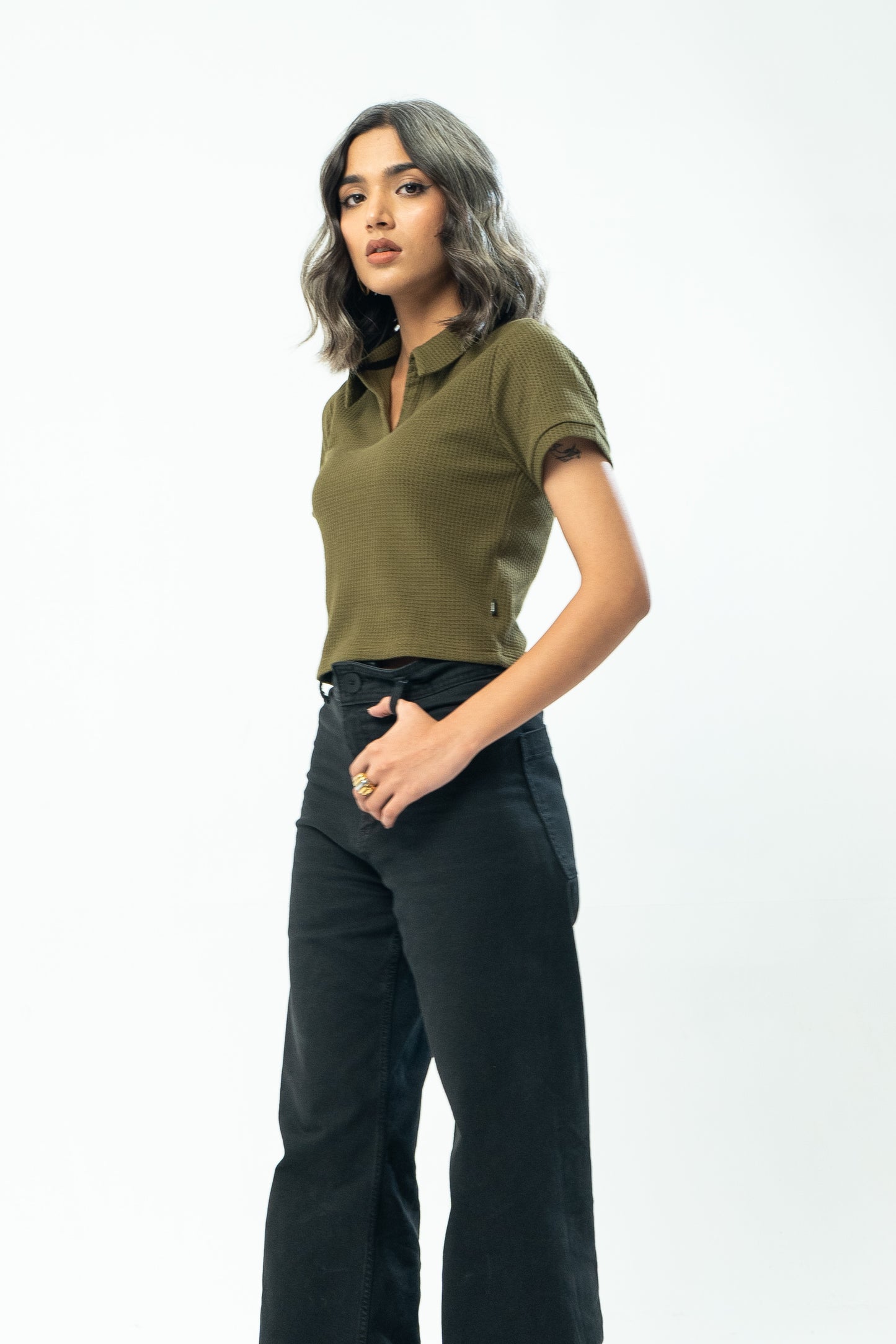 Cropped Waffle Polo Top in Olive