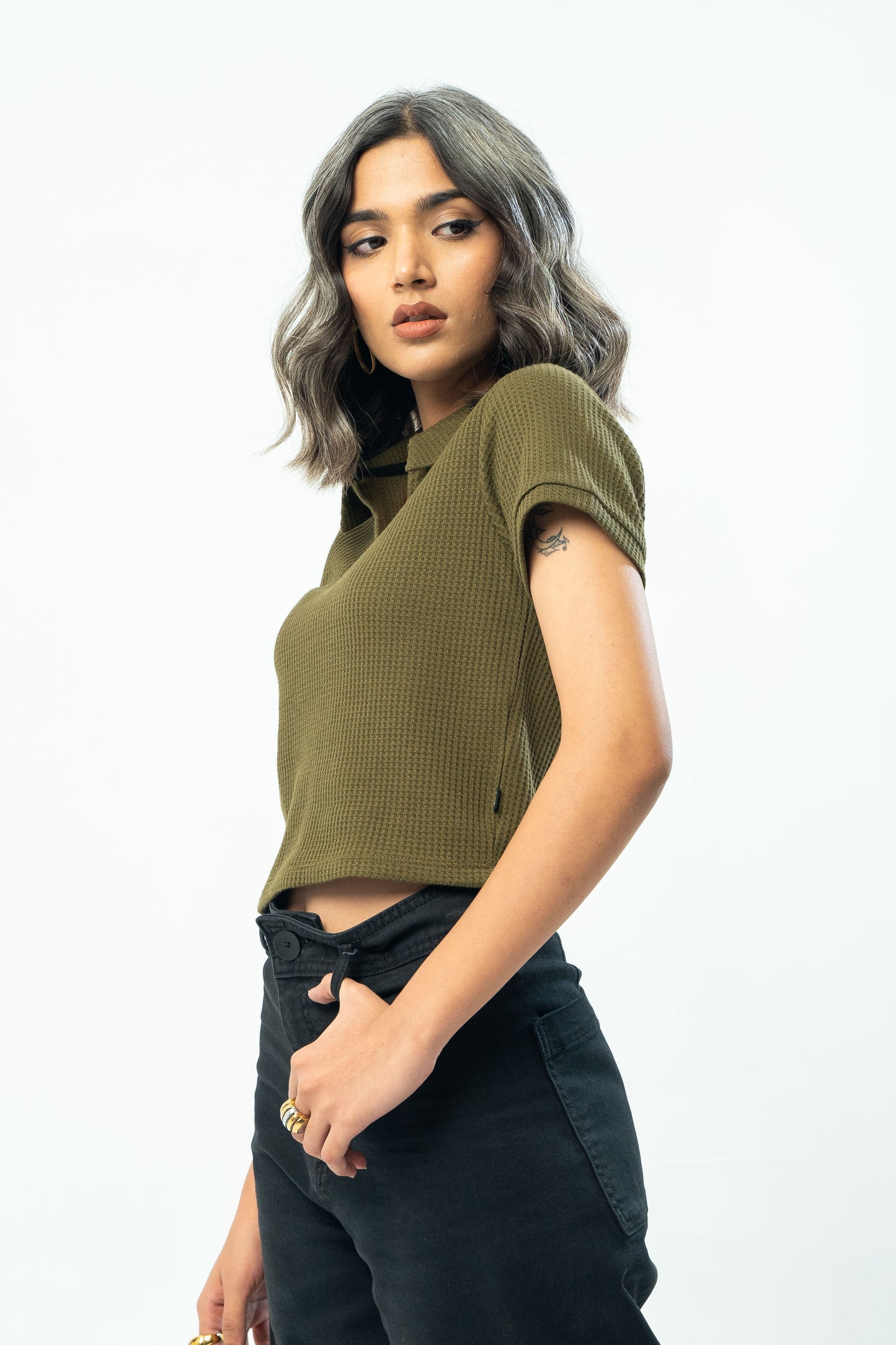 Cropped Waffle Polo Top in Olive