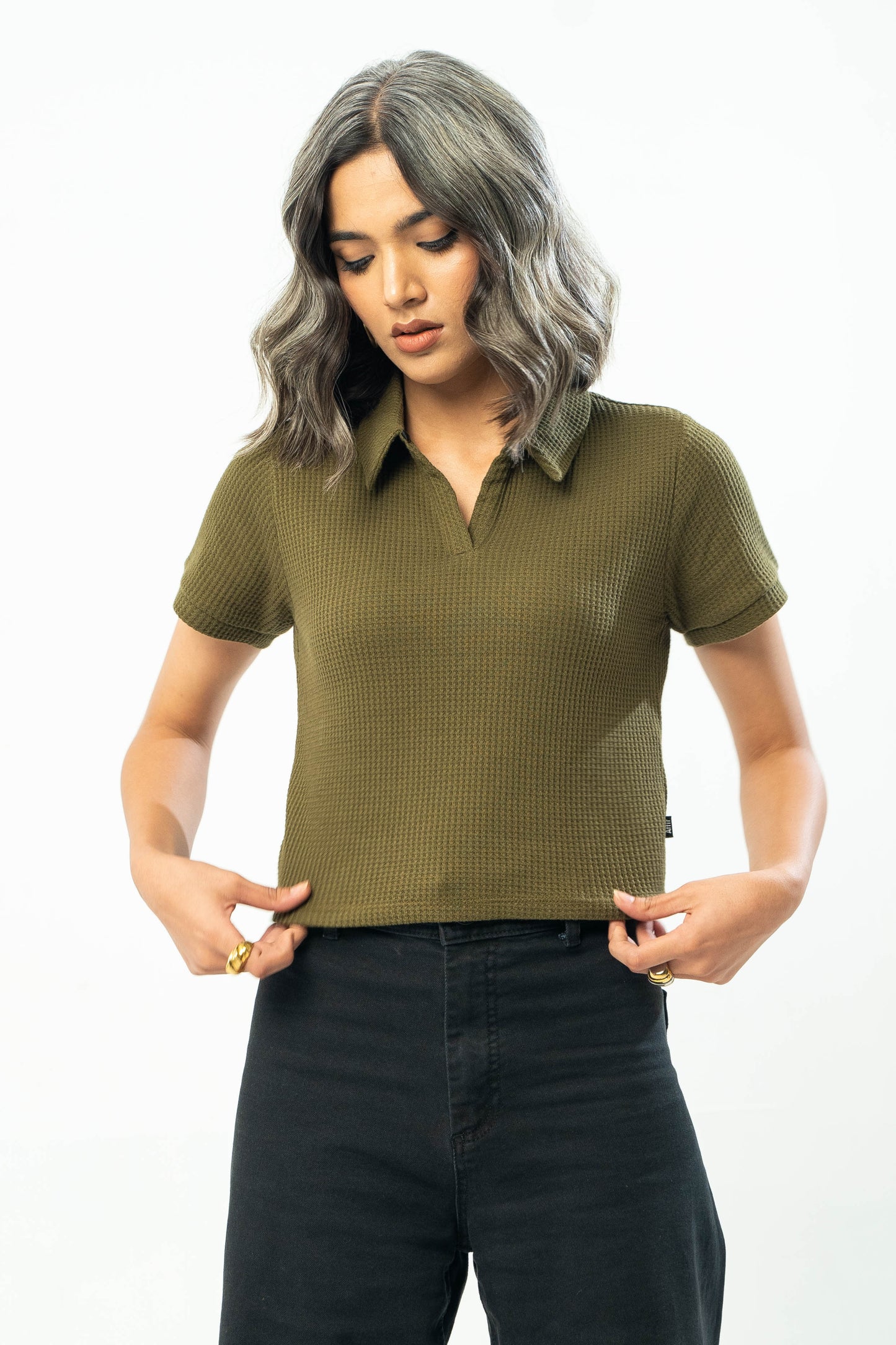 Cropped Waffle Polo Top in Olive