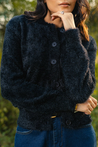 Furry Knitted Collared Cardigan in Ink Black