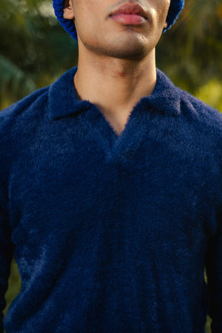 Furry Knitted Polo Jumper in Navy