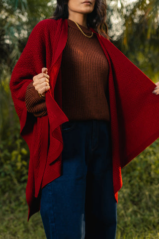 Argyle Knitted Slit Shawl  in Scarlet Red