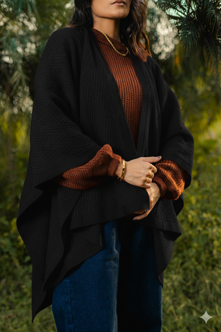 Argyle Knitted Slit Shawl in Black