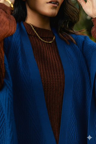 Argyle Knitted Slit Shawl in Lapis Blue