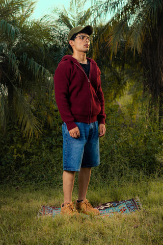 Chunky Knitted Hoodie Jumper in Rosewood