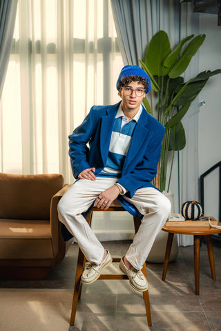 Wool Long Coat in Navy Blue