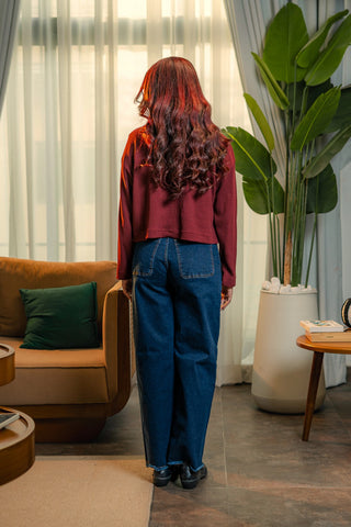 Textured Boxy Cardigan Top in Maroon