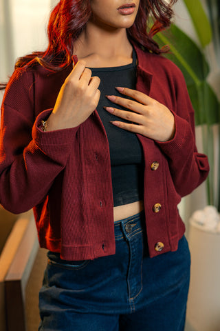 Textured Boxy Cardigan Top in Maroon