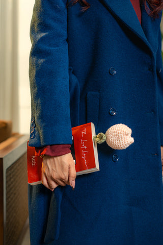 Belted Wool Long Coat in Navy Blue