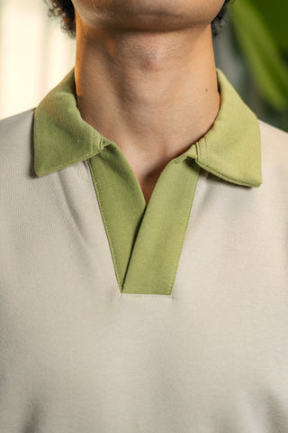 Contrast Collar Polo Sweatshirt in Matcha
