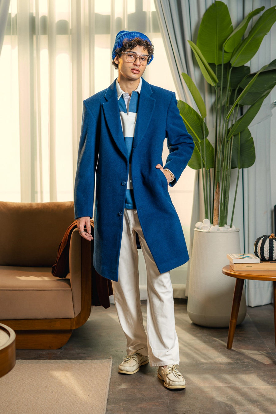 Wool Long Coat in Navy Blue