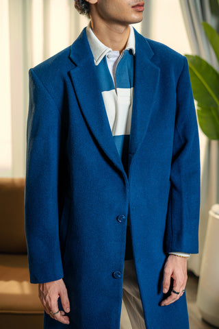 Wool Long Coat in Navy Blue