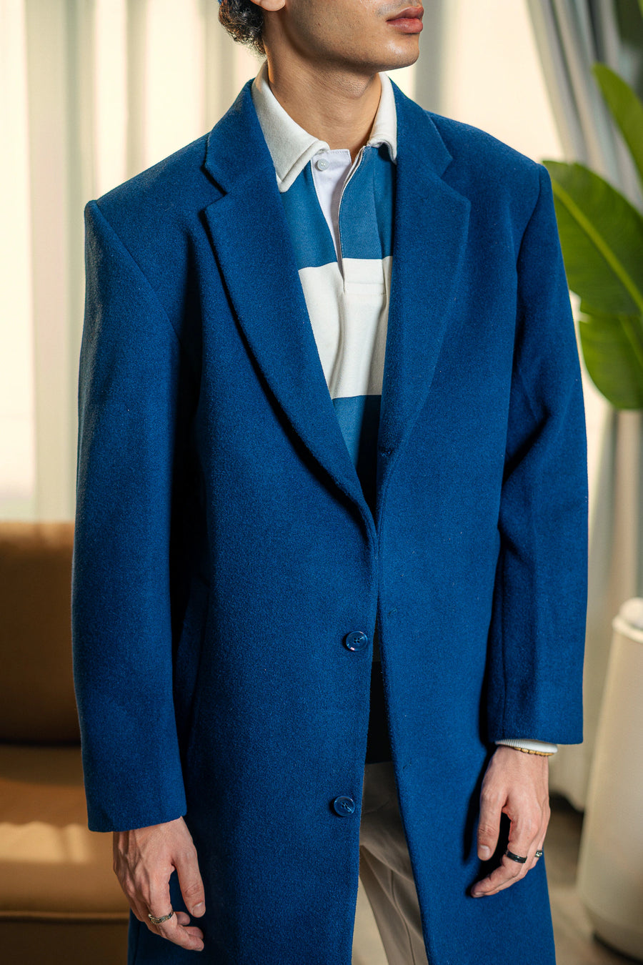Wool Long Coat in Navy Blue