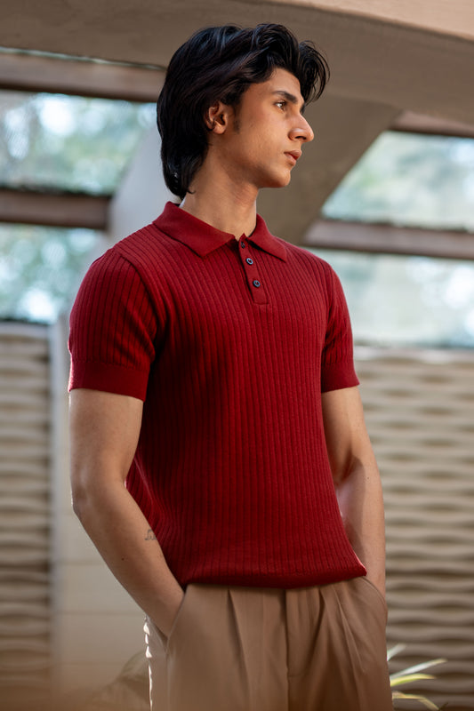 Rib-Knit Polo Shirt in Maroon